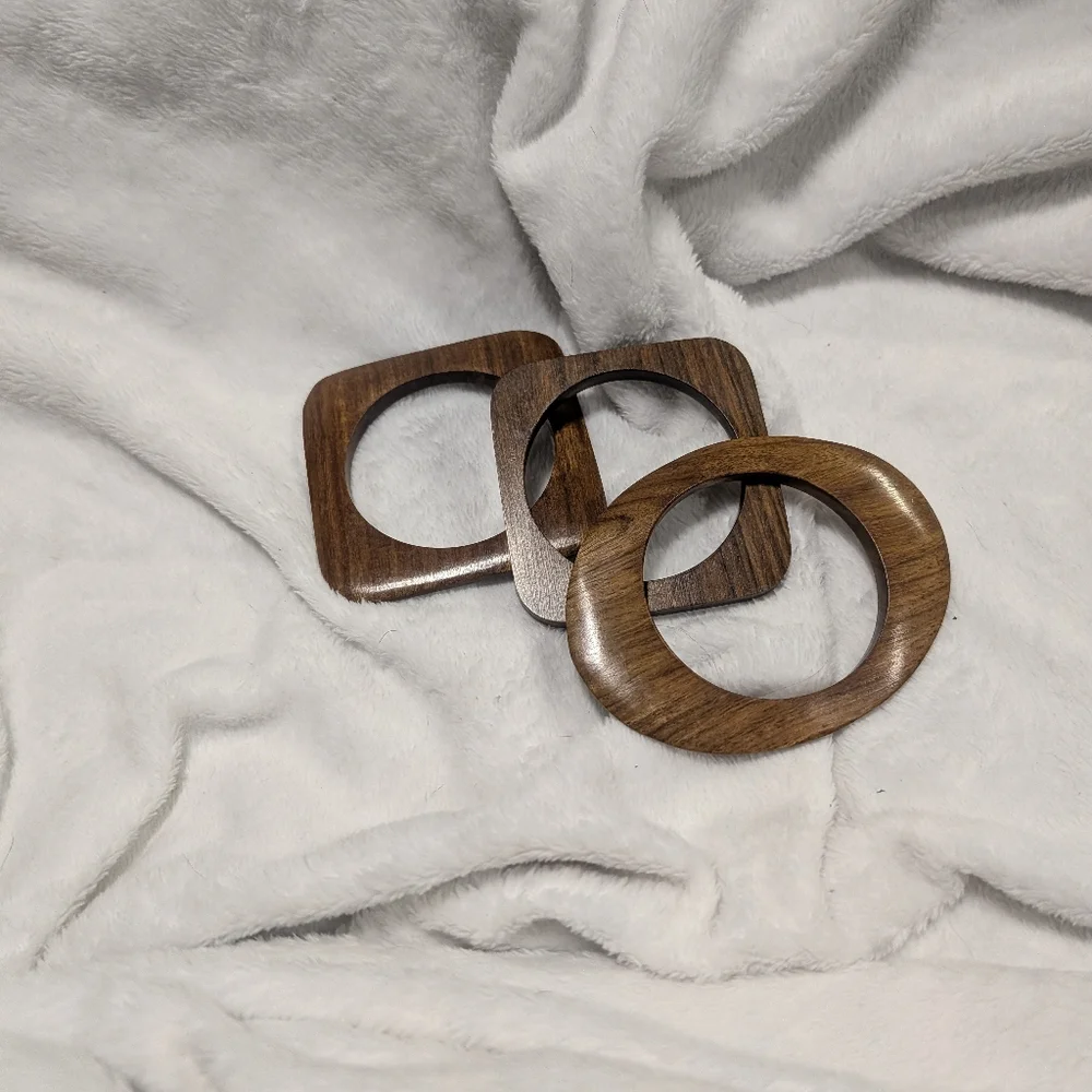 Earthy Boho Mid Century Style Stackable Wooden Bangle Bracelet Trio - Picture 2 of 5